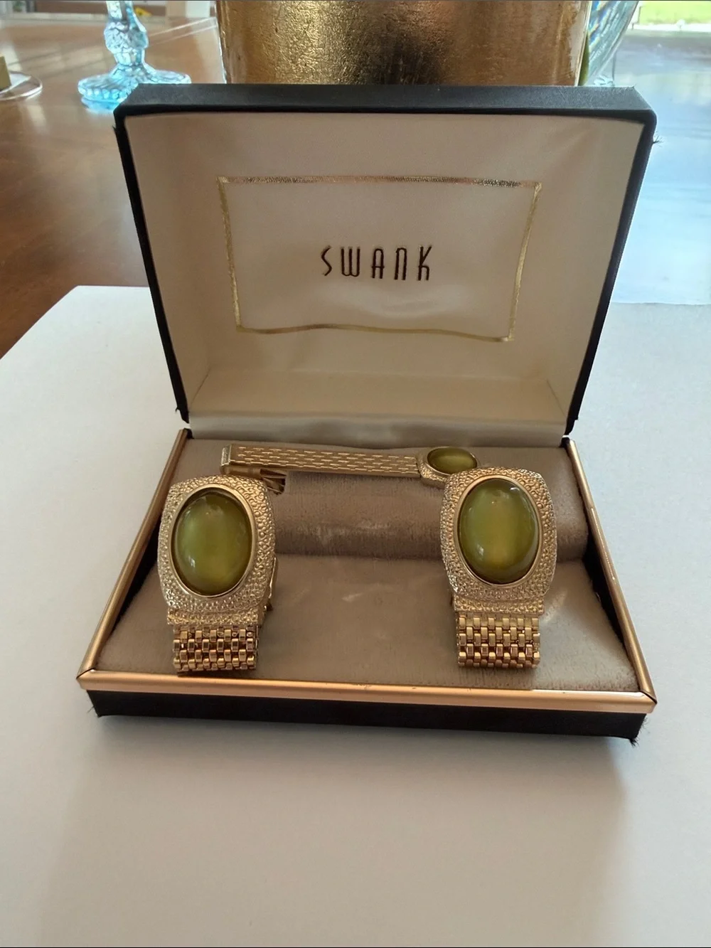 SWANK Vintage Gold-Tone Cuff Links and Tie Clips with Olive Green Cabochons